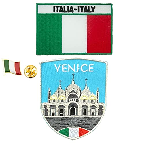 A-ONE 3 Stück Venedig bestickter Aufnäher + Italien-Flagge, Anstecknadel und Applikation, Wasserstadtlandschaft, Souvenir, italienische Kultur-Ikone, zum Aufbügeln für Kleidung, Qualitätsnadel für Ärmel, Anzüge Nr. 272B von A-ONE