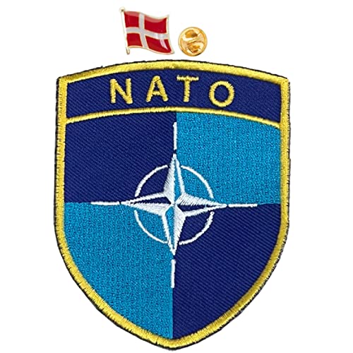 A-ONE 3D NATO Symbol Moral Stickerei Patch + Dänemark Militärkragen Emaille Pin, Applikation für Garrison Cap Barett Helm Denim Jacke Battledress Uniform Molle Canvas Tasche Bomberjacke NO.423+057P von A-ONE