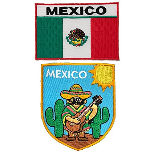 A-ONE Aufnäher mit Mexiko-Flagge, bestickt mit Gitarre, Sombrero, Mariachi Charro, Cartoon-Stil, Souvenir-Stickerei für Taschen, zum Aufnähen oder Aufbügeln, Nr. 312C, 2 Stück von A-ONE