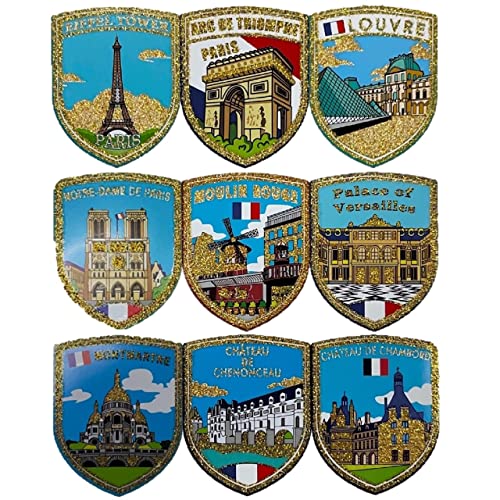 A-ONE French Historical Buldings Spun Gold Collection Travel Labels 9 PCs+Frankreich Städte Flaggennadel Patch 1 PC, Frankreich-Sammleraufkleber für Telefon, Souvenirsammlung SG3+Nr. 062 von A-ONE