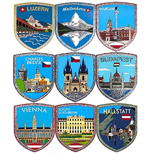 A-ONE europäische Länder glänzende Silber Glitter Trendy Autoaufkleber 9 PCs+EU Flagge Stadtkampf Patch 1 PC, Country Country Label für Urlaubsdekoration, Touristen-Souvenir SS6+Nr. 086 von A-ONE