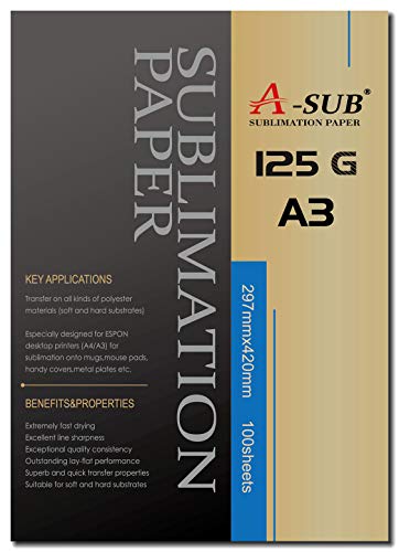 A-SUB Sublimationspapier, 125 g/m², A3, 420 x 297 mm, 100 Blatt, kompatibel mit Epson, Sawgrass, Ricoh, Brother Sublimationsdrucker von A-SUB