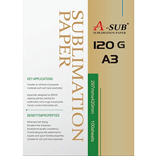 A-SUB Sublimationspapier A3, 297 x 420 mm, 100 Blatt, 120 g/m², Kompatibel mit EPSON, SAWGRASS, RICOH, BROTHER Sublimationsdruckern von A-SUB