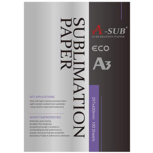 A-SUB Sublimationspapier A3, 297x420mm, 100 Blatt, kompatibel mit EPSON, SAWGRASS, RICOH, Brother Sublimationsdruckern von A-SUB