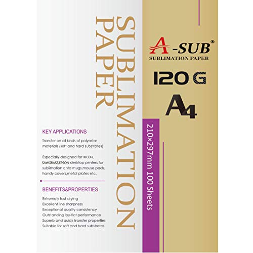 A-SUB Sublimationspapier A4, 210 x 297 mm, 100 Blatt, 120 g/m², Kompatibel mit EPSON, SAWGRASS, RICOH, BROTHER Sublimationsdruckern von A-SUB