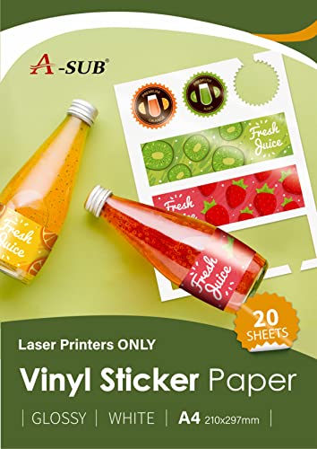 A-SUB Weißes glänzendes hochwertiges wasserfestes bedruckbares Vinyl-Aufkleberpapier, selbstklebende Vinyl-Etiketten für Laserdrucker, A4-Format, 20 Blatt A-SUB Weißes glänzendes hochwertiges wasserfestes bedruckbares Vinyl-Aufkleberpapier, selbstklebende Vinyl-Etiketten für Laserdrucker, A4-Format, 20 Blatt von A-SUB