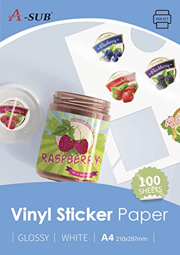A-SUB Weißes glänzendes hochwertiges wasserfestes bedruckbares Vinyl-Aufkleberpapier, selbstklebende Vinyl-Etiketten für Tintenstrahldrucker, A4-Format, 100 Blatt A-SUB Weißes glänzendes hochwertiges wasserfestes bedruckbares Vinyl-Aufkleberpapier, selbstklebende Vinyl-Etiketten für Tintenstrahldrucker, A4-Format, 100 Blatt von A-SUB