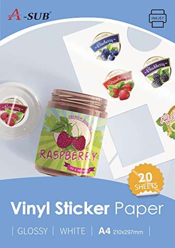 A-SUB Weißes glänzendes hochwertiges wasserfestes bedruckbares Vinyl-Aufkleberpapier, selbstklebende Vinyl-Etiketten für Tintenstrahldrucker, A4-Format, 20 Blatt A-SUB Weißes glänzendes hochwertiges wasserfestes bedruckbares Vinyl-Aufkleberpapier, selbstklebende Vinyl-Etiketten für Tintenstrahldrucker, A4-Format, 20 Blatt von A-SUB