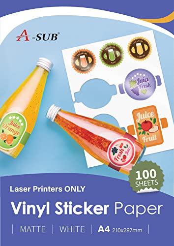 A-SUB Weißes mattes hochwertiges wasserfestes bedruckbares Vinyl-Aufkleberpapier, selbstklebende Vinyl-Etiketten für Laserdrucker, A4-Format, 100 Blatt A-SUB Weißes mattes hochwertiges wasserfestes bedruckbares Vinyl-Aufkleberpapier, selbstklebende Vinyl-Etiketten für Laserdrucker, A4-Format, 100 Blatt von A-SUB