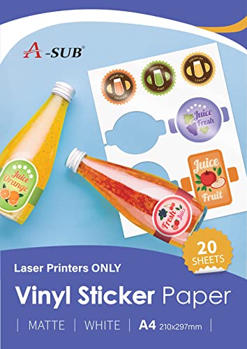 A-SUB Weißes mattes hochwertiges wasserfestes bedruckbares Vinyl-Aufkleberpapier, selbstklebende Vinyl-Etiketten für Laserdrucker, A4-Format, 20 Blatt von A-SUB