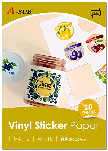 A-SUB Weißes mattes hochwertiges wasserfestes bedruckbares Vinyl-Aufkleberpapier, selbstklebende Vinyl-Etiketten für Tintenstrahldrucker, A4-Format, 20 Blatt A-SUB Weißes mattes hochwertiges wasserfestes bedruckbares Vinyl-Aufkleberpapier, selbstklebende Vinyl-Etiketten für Tintenstrahldrucker, A4-Format, 20 Blatt von A-SUB