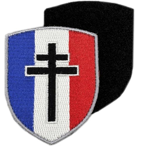 Lothringerkreuz Schildförmiges Abzeichen | Militär Patch Französische Flagge mit Klettrücken | Historisches Freies Frankreich, Gestickt 7,5x6,5 cm von A TODA LECHE