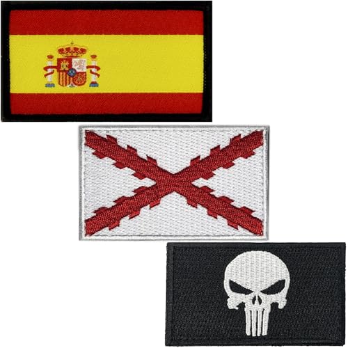 Packung mit 3 Patches für taktischen Rucksack, Spanien + Burgunderkreuz + Punisher - spanische Militärpatches von A TODA LECHE