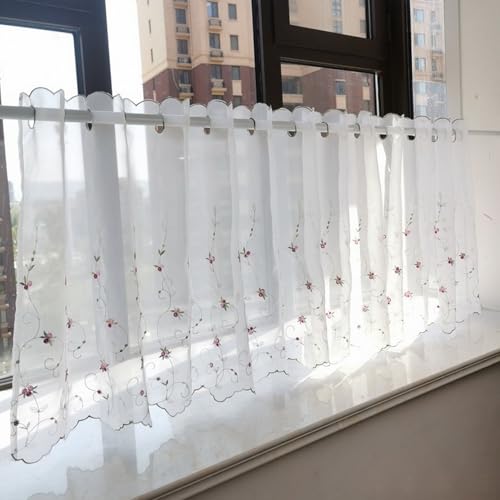 A.Monamour Gardine Scheibengardinen Kurzstores Bauernhaus Landhausstil Weiß Transparent Voile Blumen Stickerei Öse Top Café Kurzgardinen Küchengardine Küche Fenster Cafe Kurz Vorhang Bistrogardine von A.Monamour
