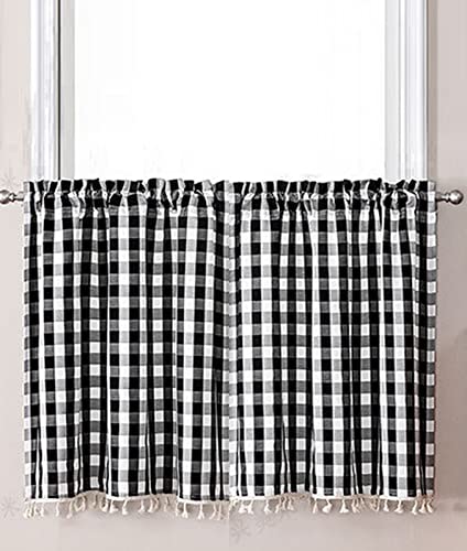 A.Monamour Gardine Scheibengardinen Kurzstores Schwarz Kariert Gingham Muster Bauernhaus Kurzvorhang Kurzgardinen Küchengardine Küchenvorhang Volants Küche Fenster Kurz Vorhang Bistrogardine von A.Monamour