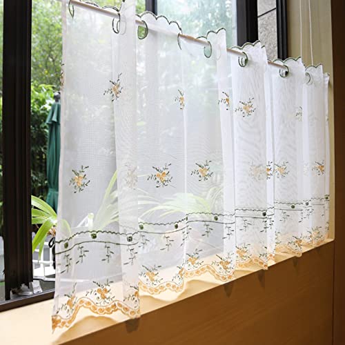 A.Monamour Gardine Scheibengardinen Kurzstores Weiße Transparente Voile Blumenstickerei mit Ösenoberteil Kurzvorhang Kurzgardinen Fensterbehandlung Küche Vorhang Fenster Kurz Stores Bistrogardine von A.Monamour