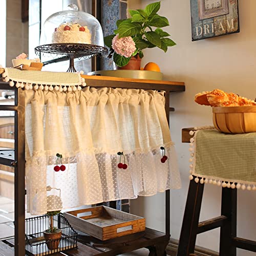 A.Monamour Gardine Scheibengardinen Undurchsichtiges Beiges Baumwolle Leinen Mit Weißer Spitze Rote Kirsche Kurzvorhang Kurzgardinen Küchengardine Küche Vorhang Fenster Kurz Stores Bistrogardine von A.Monamour