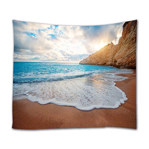 A.Monamour Wandteppiche Griechenland Lefkada Insel Katsiki Strand Blauer Himmel Weiße Wolken Berge Natur Landschaft Druck Stoff Wandteppich Wandbehänge Wandbild Für Schlafzimmer Wohnzimmer 180x230cm von A.Monamour