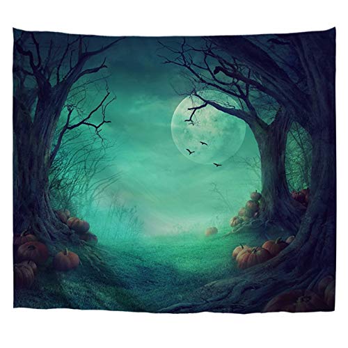 A.Monamour Wandteppiche Gruseliger Nebliger Wald Mit Toten Bäumen Vollmond Halloween Kürbisse Blauen Hintergrund Kunstdruck Polyester Stoff Banner Wandbehang Fenster Vorhang Kunst Dekore 180x230cm von A.Monamour