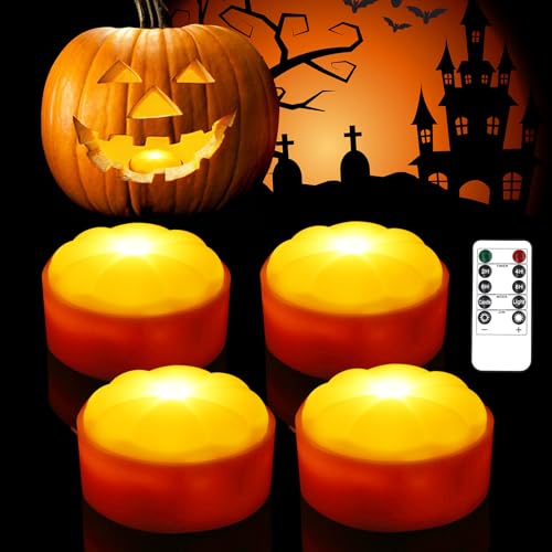 LED Licht Mit Fernbedienung, 4 Stück Jack-O-Lantern Lichter, Halloween Kürbis Lampe, Batteriebetriebene Flammenlose Kerzen, Nachtlicht, Teelichter für Halloween Deko von A.bigwhale