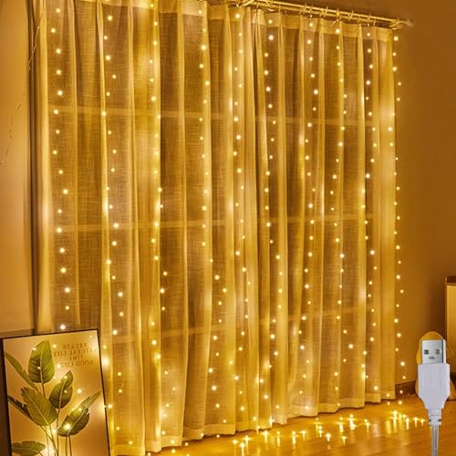 A.bigwhale Lichtervorhang 2x2m, lichterketten Vorhang Innen, 200 LED vorhang lichterkette hängend USB Lichtervorhang Warmweiß für Ramadan Hochzeit Party Weihnachten Wand Schlafzimmer Deko von A.bigwhale