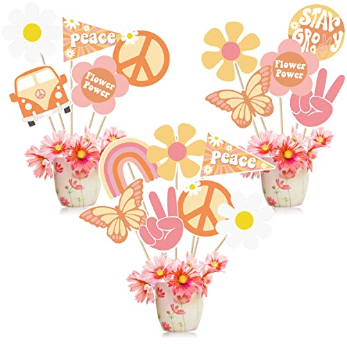 A1DIEE 30 Stücke Groovy Retro Hippie Boho Party Centerpieces Tables Toppers Cake Cupcake Topper Set Schmetterling Gänseblümchen Blume Regenbogen Geburtstagstorte Dekorationen Groovy 60er Partyzubehör von A1DIEE