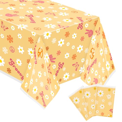 A1DIEE 3Pcs Groovy Table Cover Retro Boho Waterproof Plastic Tablecloth, Daisy Flower Groovy Smile Peace Sign Hippie Theme Party Favor Decorations Birthday Gifts for Girls Children, 5.9*3.5ft inches von A1DIEE