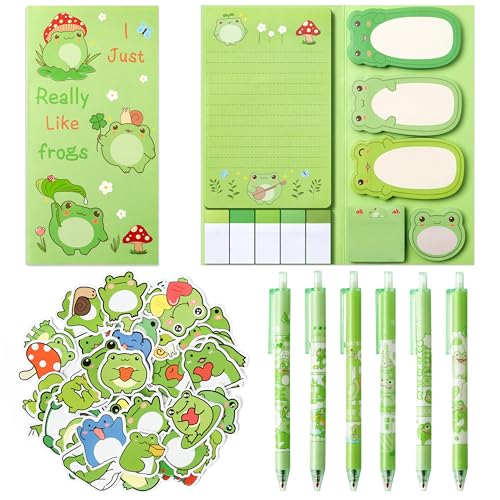 A1DIEE 57 Stück Frosch Schreibwaren Set für Student Cute Tier Stationary Geschenke inklusive Bündel Haftnotizen Gelschreiber Selbstklebende Aufkleber Notizzettel Index Tag Bürobedarf Schule Zubehör von A1DIEE