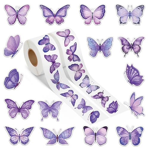 A1diee Lila Schmetterling Aufkleber Rolle - 1000 Stück Selbstklebende Roller Sticker Belohnungsaufkleber DIY Vinyl Siegelaufkleber für Scrapbooking Laptop Party Tasche von A1DIEE