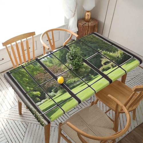 Rechteckige Tischdecke für Esstisch, Fensterblick, Rasen, bedruckt, elastische Kanten, faltenfreie Dekoration, Tischdecke, 152 x 76 cm Rechteckige Tischdecke für Esstisch, Fensterblick, Rasen, bedruckt, elastische Kanten, faltenfreie Dekoration, Tischdecke, 152 x 76 cm von AABSTBFM