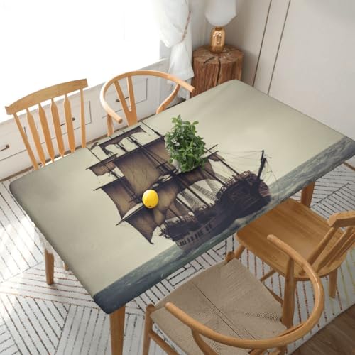 Rechteckige Tischdecke für Esstisch, Motiv: Altes Piratenschiff im Meer, bedruckt, elastische Kanten, faltenfreie Dekoration, Tischdecke, 152 x 76 cm Rechteckige Tischdecke für Esstisch, Motiv: Altes Piratenschiff im Meer, bedruckt, elastische Kanten, faltenfreie Dekoration, Tischdecke, 152 x 76 cm von AABSTBFM