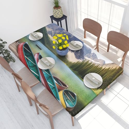 Rechteckige Tischdecke für Esstisch, Motiv: Bergsee, Boote, bedruckt, elastische Kanten, faltenfreie Dekoration, Tischdecke, 122 x 76 cm Rechteckige Tischdecke für Esstisch, Motiv: Bergsee, Boote, bedruckt, elastische Kanten, faltenfreie Dekoration, Tischdecke, 122 x 76 cm von AABSTBFM