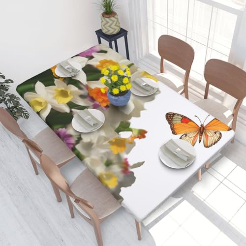 Rechteckige Tischdecke für Esstisch, Motiv: Schmetterlinge, Narzissen, Blumen, bedruckt, elastische Kanten, faltenfreie Dekoration, Tischdecke, 122 x 76 cm Rechteckige Tischdecke für Esstisch, Motiv: Schmetterlinge, Narzissen, Blumen, bedruckt, elastische Kanten, faltenfreie Dekoration, Tischdecke, 122 x 76 cm von AABSTBFM