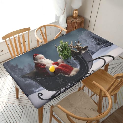 Rechteckige Tischdecke für Esstisch, Motiv: Schneeschlitten bedruckt, elastische Kanten, faltenfreie Dekoration, Tischdecke, 152 x 76 cm von AABSTBFM