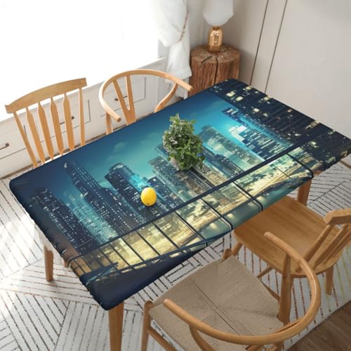 Rechteckige Tischdecke für Esstisch, Motiv: Stadt, Nacht, Balkon, Wolkenkratzer, bedruckt, elastische Kanten, faltenfreie Dekoration, Tischdecke, 152 x 76 cm Rechteckige Tischdecke für Esstisch, Motiv: Stadt, Nacht, Balkon, Wolkenkratzer, bedruckt, elastische Kanten, faltenfreie Dekoration, Tischdecke, 152 x 76 cm von AABSTBFM