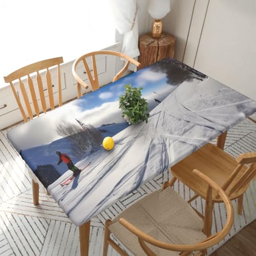 Rechteckige Tischdecke für Esstisch, Winterskifahren, bedruckt, elastische Kanten, faltenfreie Dekoration, Tischdecke, 152 x 76 cm Rechteckige Tischdecke für Esstisch, Winterskifahren, bedruckt, elastische Kanten, faltenfreie Dekoration, Tischdecke, 152 x 76 cm von AABSTBFM