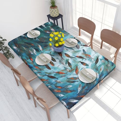 Rechteckige Tischdecke für Esstisch, abstrakter Fischschwarm, bedruckt, elastische Kanten, faltenfreie Dekoration, Tischdecke, 122 x 76 cm Rechteckige Tischdecke für Esstisch, abstrakter Fischschwarm, bedruckt, elastische Kanten, faltenfreie Dekoration, Tischdecke, 122 x 76 cm von AABSTBFM