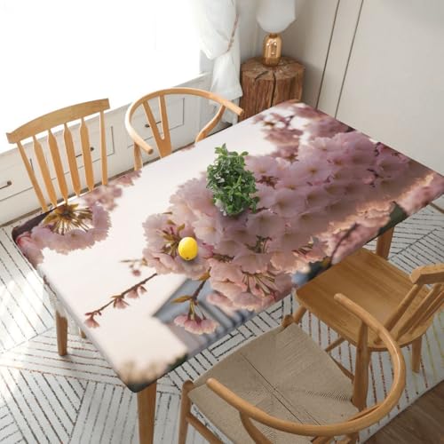 Rechteckige Tischdecke für Esstischschutz, Kirschblüten, bedruckt, elastische Kanten, faltenfreie Dekoration, Tischdecke, 152 x 76 cm von AABSTBFM