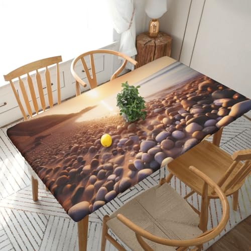 Rechteckige Tischdecke für den Esstisch, Sonne am Strand mit Kieselsteinen, bedruckt, elastische Kanten, faltenfreie Dekoration, Tischdecke, 152 x 76 cm Rechteckige Tischdecke für den Esstisch, Sonne am Strand mit Kieselsteinen, bedruckt, elastische Kanten, faltenfreie Dekoration, Tischdecke, 152 x 76 cm von AABSTBFM