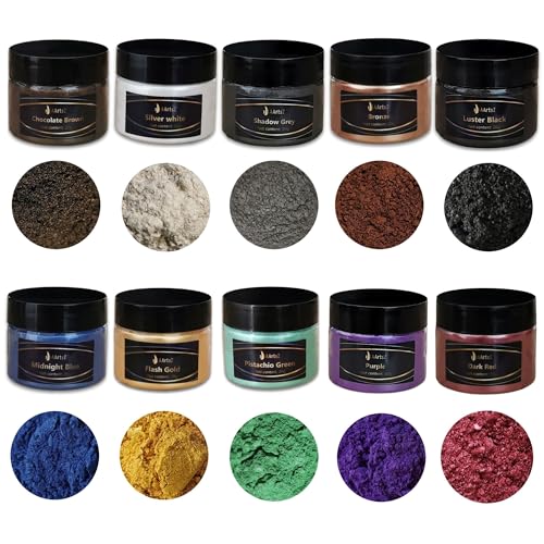 Epoxidharz Farbe Metallic 10x20g Multicolor Set, AArtsZ Mica Powder Pulver, Farbpigmente, Perlglanz Natürliches kosmetisches Pigment für Lipgloss, Nagellack,Epoxidharz,Make-up,Seifenfarbe, Badebomben von AArtsZ