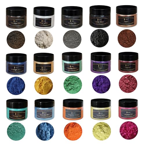 Epoxidharz Farbe Metallic (15x20g-MultiColor) Set, AArtsZ Mica Powder Pulver, Epoxy Resin Farbe, Pigment, Farbpigmente, Pigmentpulver Farben für Kosmetisches Qualität, Niveau Lipgloss von AArtsZ