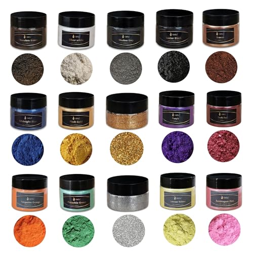 Epoxidharz Farbe Metallic (15er x 20g) Set, AArtsZ Mica Powder Pulver, Epoxy Resin Farbe, Pigment, Farbpigmente, Pigmentpulver Farben für Kosmetisches Qualität, Niveau Lipgloss (15-multicolor-glitter) von AArtsZ