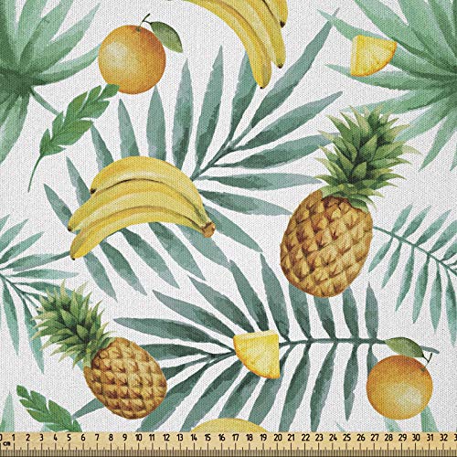 ABAKUHAUS Aquarell Microfaser Stoff als Meterware, Exotische Früchte Blätter, Deko Basteln Polsterstoff Textilien, 2M (148x200cm), Hellbraun Gelb Grün von ABAKUHAUS