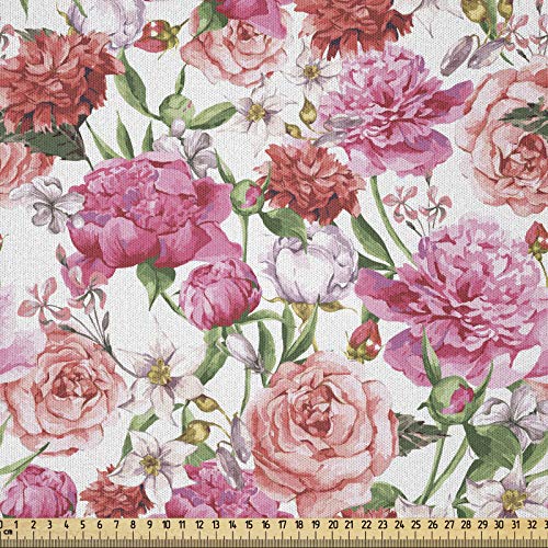 ABAKUHAUS Aquarell Microfaser Stoff als Meterware, Rosa Pfingstrosen Rosen, Deko Basteln Polsterstoff Textilien, 2M (148x200cm), Weiß Rosa von ABAKUHAUS