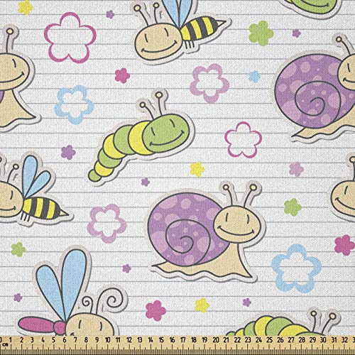 ABAKUHAUS Baby Microfaser Stoff als Meterware, Insekten Schnecke Caterpillar, Deko Basteln Polsterstoff Textilien, 2M (148x200cm), Weiß Beige Lila von ABAKUHAUS