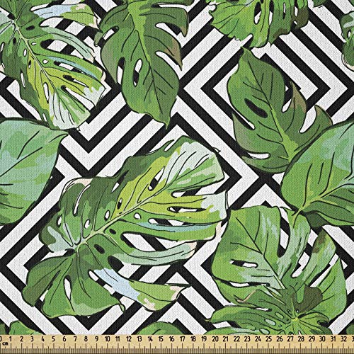 ABAKUHAUS Baum Microfaser Stoff als Meterware, Makro-Palme-Blätter, Deko Basteln Polsterstoff Textilien, 2M (148x200cm), Jägergrün Weiß Schwarz von ABAKUHAUS