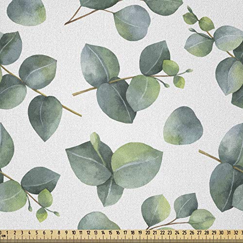ABAKUHAUS Blatt Microfaser Stoff als Meterware, Aquarell Eucalyptus Kunst, Deko Basteln Polsterstoff Textilien, 2M (230x200cm), Hellbraun Weiß Grün von ABAKUHAUS