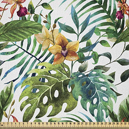 ABAKUHAUS Blatt Microfaser Stoff als Meterware, Palme Blumen Hibiscus, Deko Basteln Polsterstoff Textilien, 2M (148x200cm), Blasser Karamell Bordeauxrot und Grün von ABAKUHAUS