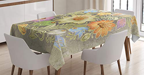 ABAKUHAUS Blume Tischdecke, Weinlese-Blumenstrauß-Braut, Personalisierter Druck Klare Farben ohne Verblassen Waschbar für Außen Bereich, 140 x 170 cm, Beige Grau von ABAKUHAUS