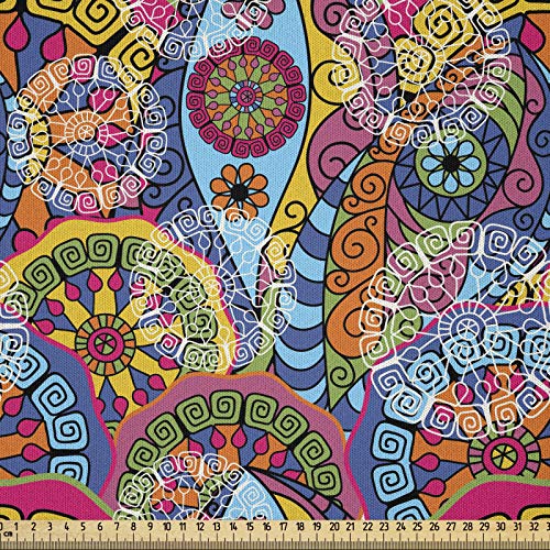 ABAKUHAUS Blumen Microfaser Stoff als Meterware, Hippie Aztec Tribal Boho, Deko Basteln Polsterstoff Textilien, 2M (148x200cm), Rosa Gelb von ABAKUHAUS